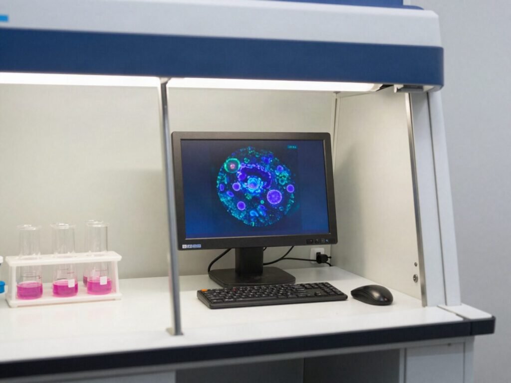 Cell culture flasks in a biosafety cabinet beside a fluorescence microscopy image for in vitro peptide research