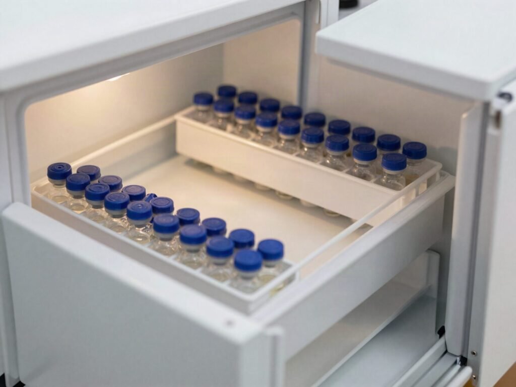 Lyophilized research peptide vials stored in cryogenic boxes in a -20 °C laboratory freezer