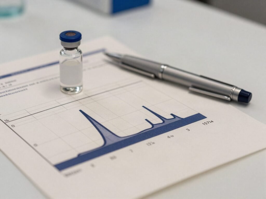 Printed peptide certificate of analysis with HPLC chromatogram next to a research vial