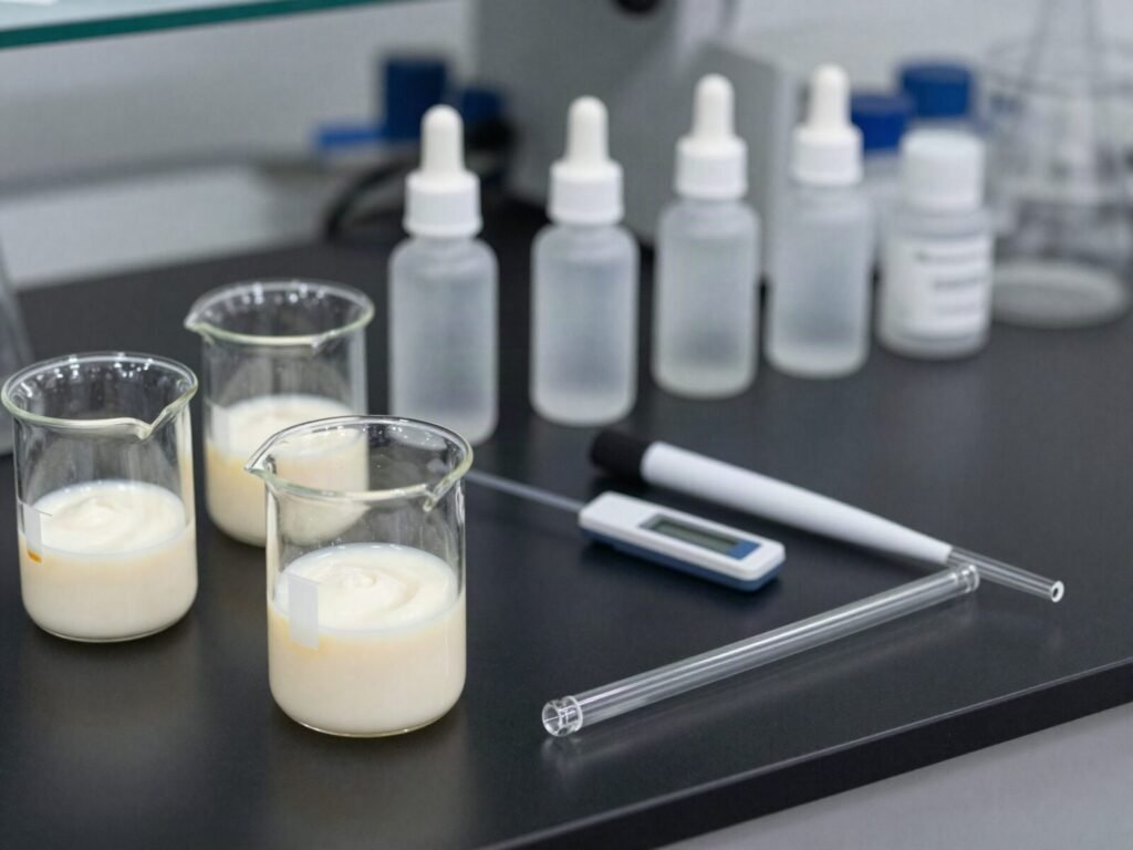 Emulsion and serum samples with a pH meter for topical peptide formulation research