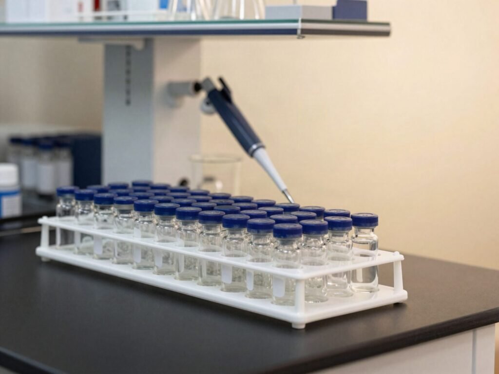 Research peptide vials in a rack on a laboratory bench at LV Longevity Peptides
