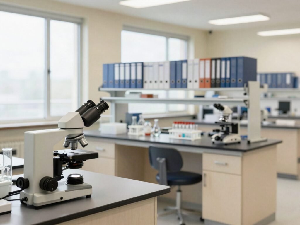 Modern peptide research laboratory with microscope, reference binders and vial racks