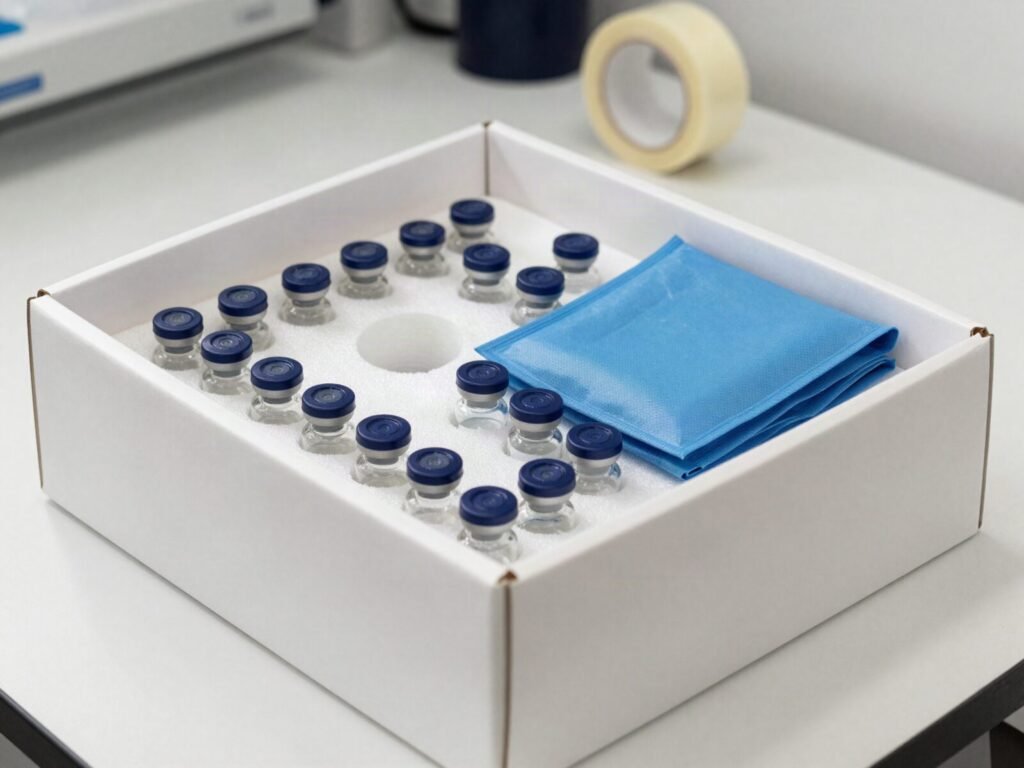 Research peptide vials packed in protective foam with cold packs in an insulated shipping box