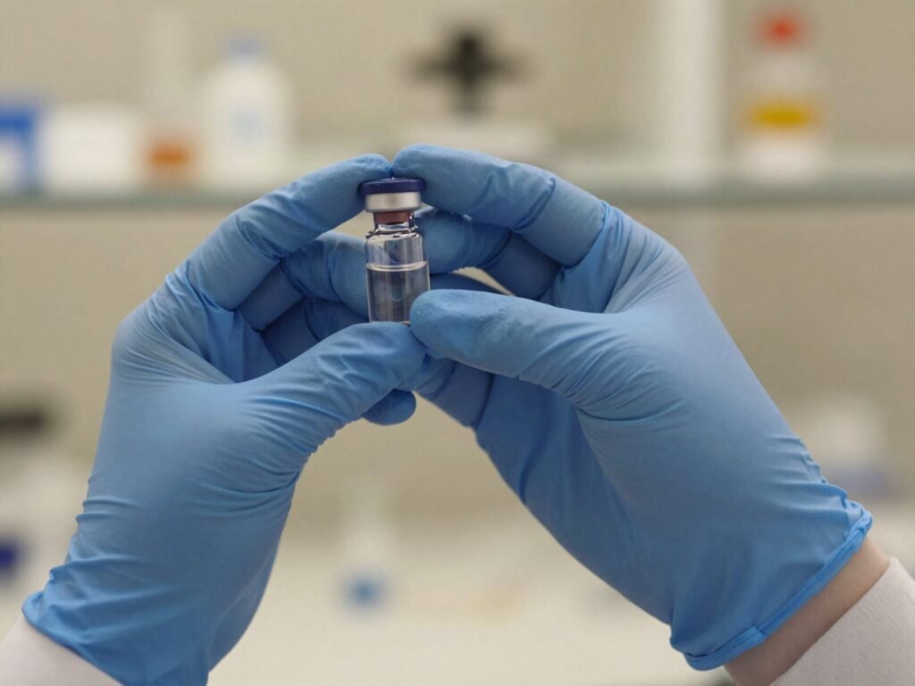 Gloved hands inspecting a research peptide vial during quality control