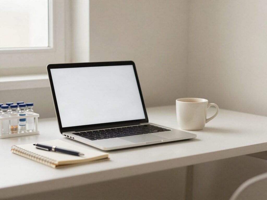 Research desk with laptop, notebook and peptide vials next to a laboratory