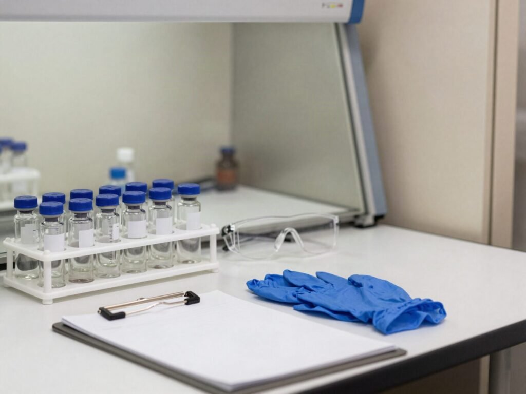 Laboratory bench with sealed research vials, safety glasses and gloves for in vitro research