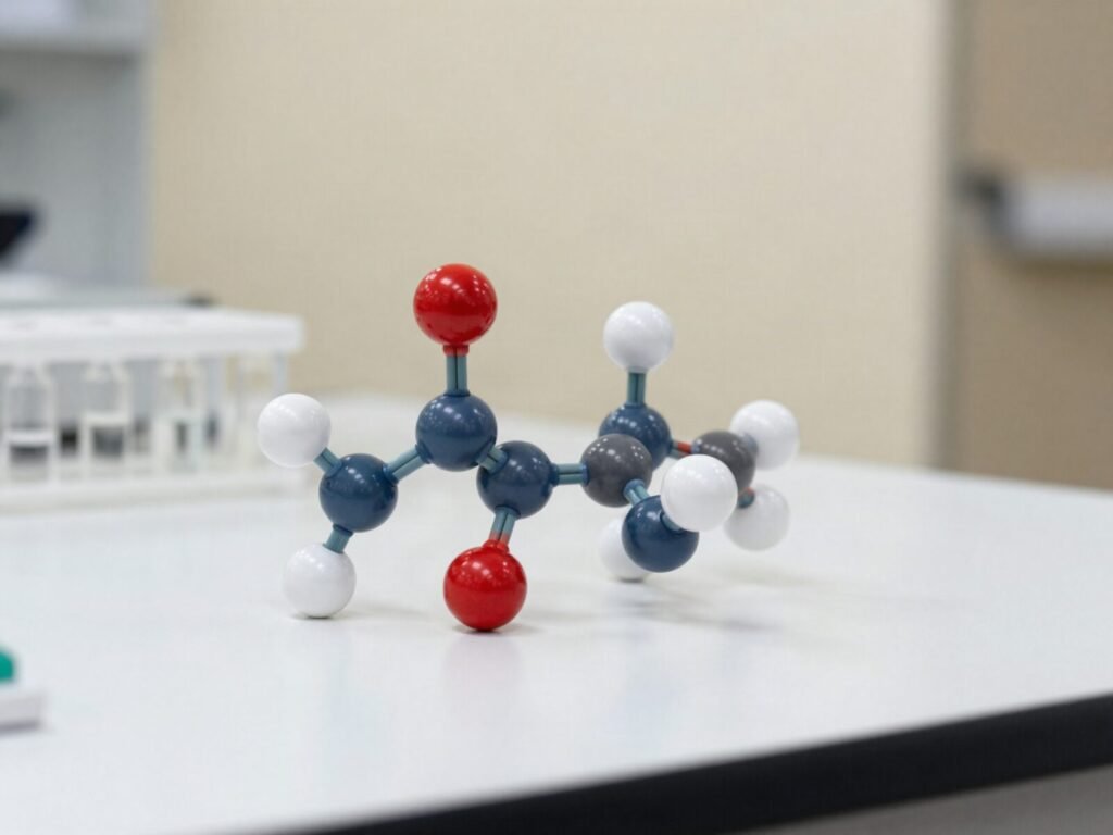 Ball-and-stick molecular model of a synthetic peptide chain on a laboratory bench